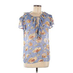 SILK Paige Women's Blue Floral Ruffle Sheer Blouse Top Size Small Flutter Sleeve